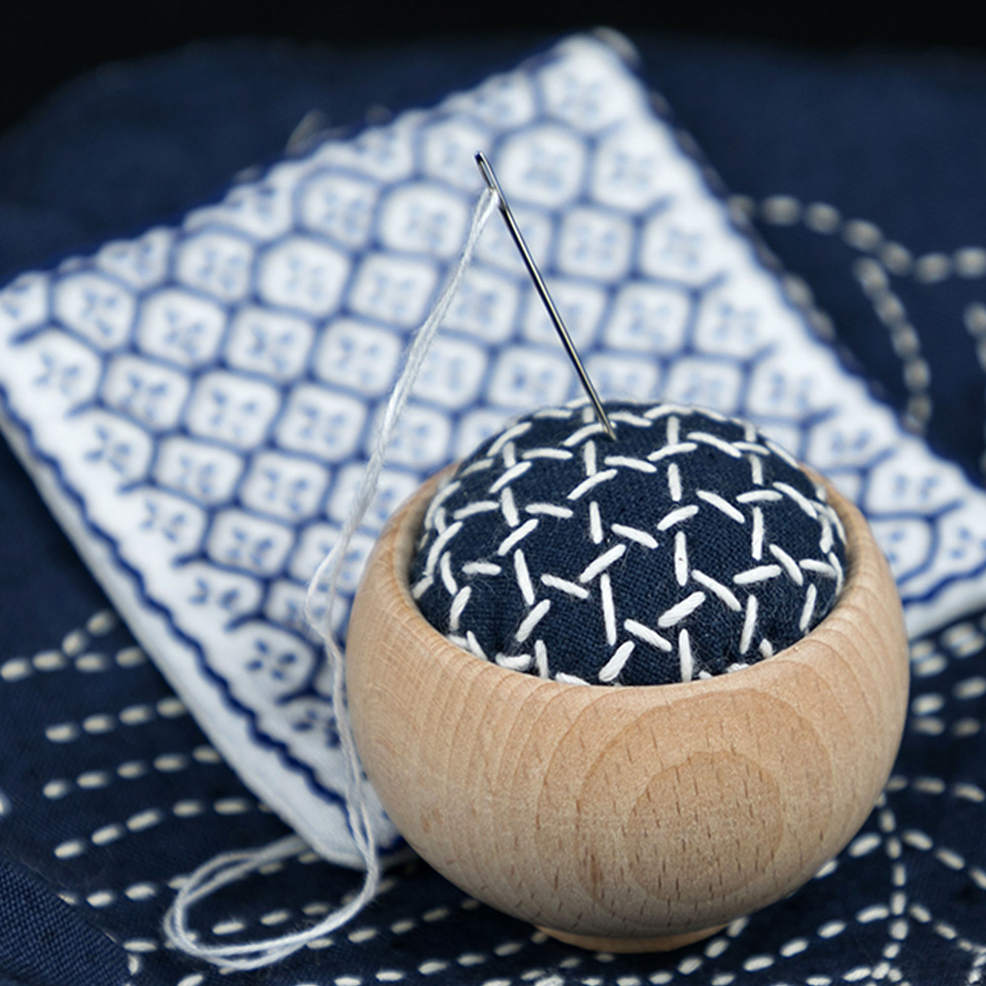 Sewing Pin Cushion - Pin cushion,Japanese-style solid wood needle base,Sashiko