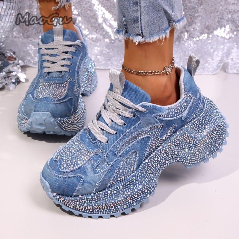 Sewing Garment - Fashion Rhinestone Women's Chunky Sneakers Thick